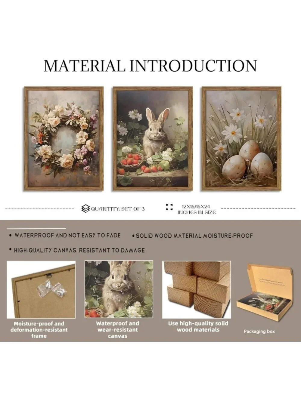 Vintage Easter Bunny Wall Art Set of 3 - Rustic Spring Canvas Decor for Home